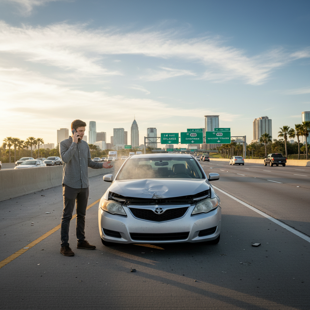 Car accident scene towing needed Orlando